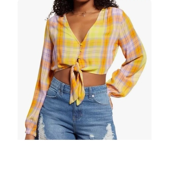 bp Tops - BP Yellow Orange Purple Tartan Plaid Front Tie Crop Top Medium